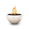The Outdoor Plus 30" Luna Concrete Gas Fire Pit in Pearl, front view with a blazing flame. This round, modern fire pit is designed for natural gas or propane use and features a smooth pearl-colored finish that enhances its sleek, contemporary appearance. Perfect for outdoor patios and landscaping projects