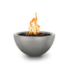 he Outdoor Plus 30-inch Luna concrete gas fire pit in silver, shown with a live flame for a striking visual effect. The fire pit's smooth, rounded shape complements its silver finish, creating a perfect centerpiece for outdoor seating areas. Designed with durability in mind, the fire pit features a high-quality stainless steel burner that can be fueled by either natural gas or propane. A stylish addition to any modern patio, backyard, or commercial outdoor space.