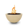 The Outdoor Plus 30-inch Luna Concrete Gas Fire Pit in Vanilla finish features a smooth, rounded bowl design with a crisp vanilla hue. The fire pit is perfect for enhancing outdoor spaces with a modern, clean aesthetic. Flames rise gracefully from a bed of lava rocks, creating a striking contrast against the smooth vanilla bowl. This fire pit is ideal for patio and backyard areas, offering both style and function. Natural gas or propane options available. Outdoor living luxury at its finest