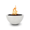 ull view of The Outdoor Plus 30-inch Luna Concrete Gas Fire Pit in white limestone finish. Featuring a sleek, round bowl design with a smooth white limestone texture, this outdoor gas fire pit offers a contemporary style for outdoor spaces. Ideal for modern patios or backyards, the fire pit includes a built-in burner system for a reliable flame, perfect for evening gatherings. A stunning centerpiece for luxury outdoor living spaces.