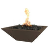 The Outdoor Plus 30-inch Square Concrete Maya Fire Bowl in Chocolate finish. This luxurious fire bowl is designed for upscale outdoor settings. The chocolate brown color and clean square lines provide a refined look to outdoor patios or pool areas. Made of durable concrete and filled with lava rocks, the fire bowl creates a mesmerizing flame display.