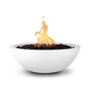 The Outdoor Plus 33" Round Concrete Sedona Fire Bowl in limestone finish, showcasing an elegant flame rising from the center and water flowing gracefully over the copper spillway. This luxury fire and water bowl is designed for outdoor installations, offering a high-end combination of fire features for patios and gardens.