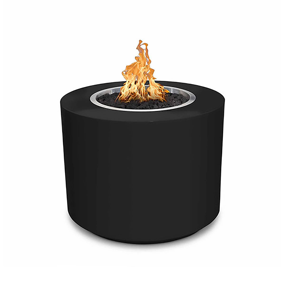 The Outdoor Plus 36" Beverly Steel Gas Fire Pit in black powder-coated steel, featuring a cylindrical shape with a matte black finish. Flames are seen burning over black lava rocks, adding a dramatic contrast to the dark surface of the fire pit. This fire pit is designed for outdoor use and provides a bold, contemporary aesthetic for modern patio or backyard environments.