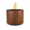 The Outdoor Plus 36" Beverly Steel Gas Fire Pit in Corten Steel, featuring a cylindrical shape with a rustic, weathered steel finish. The fire pit offers a durable design with a unique patina, ideal for enhancing outdoor spaces. Designed for natural gas or propane, this modern fire pit includes black lava rocks and produces a captivating flame. Perfect for patios, gardens, and backyards looking for a weathered, industrial style.