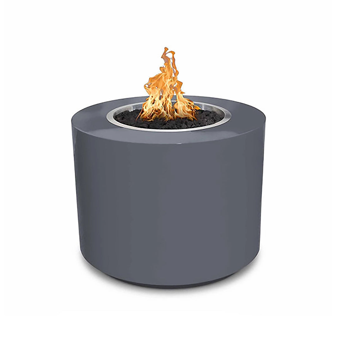 The Outdoor Plus 36" Beverly Steel Gas Fire Pit in Gray Powder Coated Steel, featuring a sleek, cylindrical design with a smooth, durable finish. This modern fire pit offers superior resistance to outdoor elements and a minimalist aesthetic. Equipped for both natural gas and propane, it includes black lava rock for a contemporary look. Ideal for modern patio settings, this fire pit brings elegance and warmth to any outdoor space.