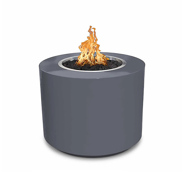 The Outdoor Plus 36" Beverly Steel Gas Fire Pit in Gray Powder Coated Steel, featuring a sleek, cylindrical design with a smooth, durable finish. This modern fire pit offers superior resistance to outdoor elements and a minimalist aesthetic. Equipped for both natural gas and propane, it includes black lava rock for a contemporary look. Ideal for modern patio settings, this fire pit brings elegance and warmth to any outdoor space.