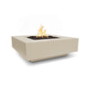The Outdoor Plus 36" Cabo Square Concrete Gas Fire Pit in Vanilla finish. The vanilla-colored concrete body brings a soft, neutral palette to outdoor spaces, enhancing any patio or seating area. The black lava rock-filled recessed burner adds to the stylish design, offering a sophisticated fire feature for outdoor entertainment.