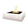The Outdoor Plus 36" Quad Concrete Gas Fire Pit in pearl, showcasing a smooth square design with a wide firebox and filled with dark lava rocks. The elegant pearl finish adds a refined look to any outdoor space, combining both functionality and aesthetic appeal for a luxury patio or backyard feature.