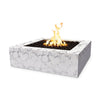 The Outdoor Plus 36" Quad Concrete Gas Fire Pit in rustic white, featuring a textured, weathered square design. The rustic white finish adds a unique, aged look to this modern fire pit, making it ideal for outdoor spaces seeking a blend of contemporary and rustic styles. The large fire basin is filled with dark lava rocks for a contrasting effect.