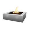 The Outdoor Plus 36" Quad Concrete Gas Fire Pit in silver, showcasing a modern square design with a sleek and polished concrete finish. The silver color enhances the sophisticated look of this outdoor fire pit, making it a stylish centerpiece for contemporary patios or backyard lounges. Durable and weather-resistant. 