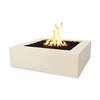 The Outdoor Plus 36" Quad Concrete Gas Fire Pit in vanilla, offering a clean and modern square design. The smooth vanilla finish adds warmth and elegance to any outdoor setting, making it an inviting feature for patios or gardens. The fire pit's large basin is filled with dark lava rocks, creating a striking contrast.