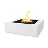 The Outdoor Plus 36" Quad Concrete Gas Fire Pit in white limestone, featuring a square design with a spacious fire basin. The white limestone finish gives this fire pit a bright and clean appearance, perfect for contemporary outdoor settings. Its durable concrete construction ensures longevity and weather resistance.