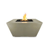 The Outdoor Plus 36" Redan Concrete Gas Fire Pit in ash color, featuring a sleek and modern trapezoidal design with a smooth concrete finish. This outdoor gas fire pit provides a contemporary ambiance for backyard spaces, highlighting the warm ash color, durability, and efficient heat distribution.