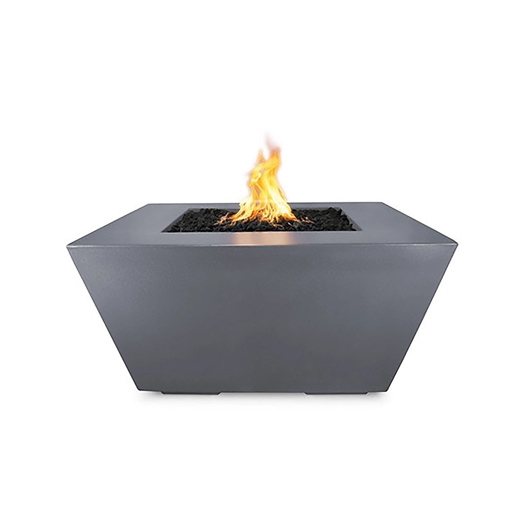 The Outdoor Plus 36" Redan Concrete Gas Fire Pit in gray, featuring a modern and minimalist design with a neutral gray concrete finish. This gas fire pit is perfect for adding warmth and ambiance to contemporary outdoor spaces, offering durability and style.
