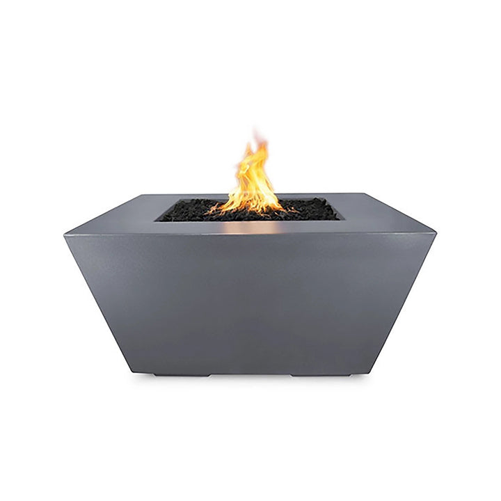 The Outdoor Plus 36" Redan Concrete Gas Fire Pit in gray, featuring a modern and minimalist design with a neutral gray concrete finish. This gas fire pit is perfect for adding warmth and ambiance to contemporary outdoor spaces, offering durability and style.