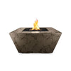 The Outdoor Plus 36" Redan Concrete Gas Fire Pit in a Moss Stone finish, showcasing a geometric, tapered design with clean lines. The gas fire pit features a rectangular burner area filled with dark lava rock, creating a modern look that is ideal for outdoor patios or backyard spaces. Built from durable concrete, this fire pit is designed to withstand outdoor elements while providing a stylish, contemporary touch.