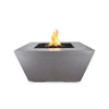  The Outdoor Plus 36" Redan Concrete Gas Fire Pit in Natural Gray, offering a sleek and minimalist aesthetic. The fire pit’s angled edges and rectangular shape are complemented by the subtle texture of the gray concrete, making it a versatile addition to any outdoor decor. The fire pit is equipped with a gas burner, perfect for creating a warm and inviting atmosphere.