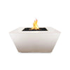 The Outdoor Plus 36" Redan Concrete Gas Fire Pit in a Pearl finish, exuding luxury and refinement. This fire pit features a wide rectangular burner surrounded by polished concrete, offering a soft and neutral tone that complements various outdoor settings. Perfect for hosting gatherings, it provides warmth and elegance in a durable design.
