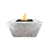  The Outdoor Plus 36" Redan Concrete Gas Fire Pit in Rustic White, a distressed, hand-finished look that adds charm to outdoor spaces. This fire pit combines contemporary design with vintage appeal, featuring a wide rectangular fire area filled with black lava rocks for contrast. Ideal for adding warmth and style to any patio or garden. 