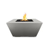 The Outdoor Plus 36" Redan Concrete Gas Fire Pit in Silver, featuring a sleek and metallic finish that enhances modern outdoor settings. With a minimalist rectangular design, this fire pit is perfect for adding a contemporary flair to backyards, decks, or patios while providing a functional heating source. 