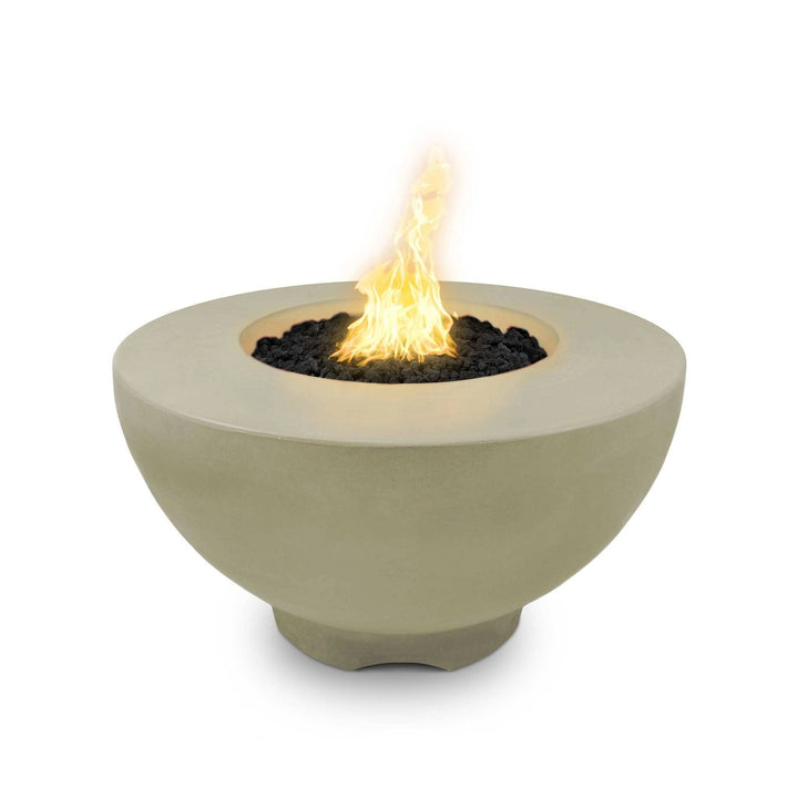 The Outdoor Plus 37" Sienna Concrete Gas Fire Pit in ash finish, showcasing its smooth concrete bowl design with a glowing flame at the center. This natural gas fire pit features durable construction for outdoor use, adding warmth and ambiance to any patio or backyard. Perfect for luxury fire pits, modern outdoor settings, and fire bowls for patios.