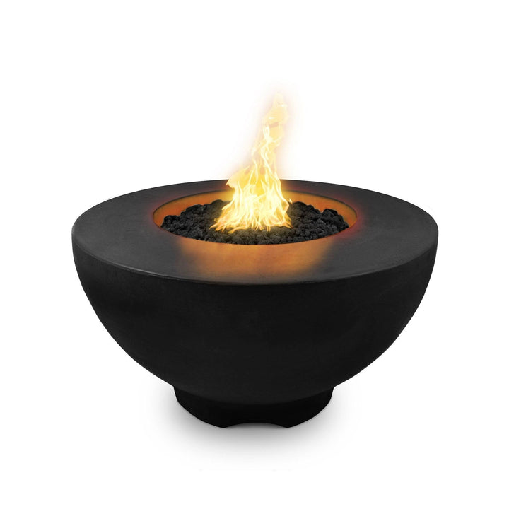 The Outdoor Plus 37" Sienna Concrete Gas Fire Pit in black finish, elegantly designed with a bold dark concrete structure. The fire pit’s high-temperature flame is perfect for outdoor patios, creating a sleek and modern focal point for entertaining spaces. Ideal for those seeking luxury gas fire bowls, outdoor fire pit tables, and contemporary backyard fire features.