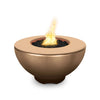The Outdoor Plus 37" Sienna Concrete Gas Fire Pit in a rich bronze finish, offering a stunning centerpiece for outdoor entertaining areas. The fire pit emits a warm, inviting flame surrounded by durable concrete construction, making it a great addition for outdoor gas fire tables and modern luxury fire pits. Ideal for large backyard settings.
