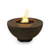 The Outdoor Plus 37" Sienna Concrete Gas Fire Pit in chocolate brown, designed for outdoor luxury with a rich, warm tone. The gas-powered flame creates a dramatic effect, and the fire pit's concrete structure ensures long-lasting use. Ideal for modern luxury fire pits, large patio fire tables, and outdoor gas fire bowls.