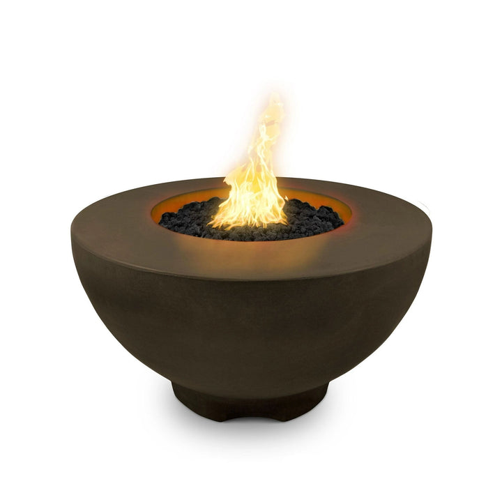 The Outdoor Plus 37" Sienna Concrete Gas Fire Pit in chocolate brown, designed for outdoor luxury with a rich, warm tone. The gas-powered flame creates a dramatic effect, and the fire pit's concrete structure ensures long-lasting use. Ideal for modern luxury fire pits, large patio fire tables, and outdoor gas fire bowls.