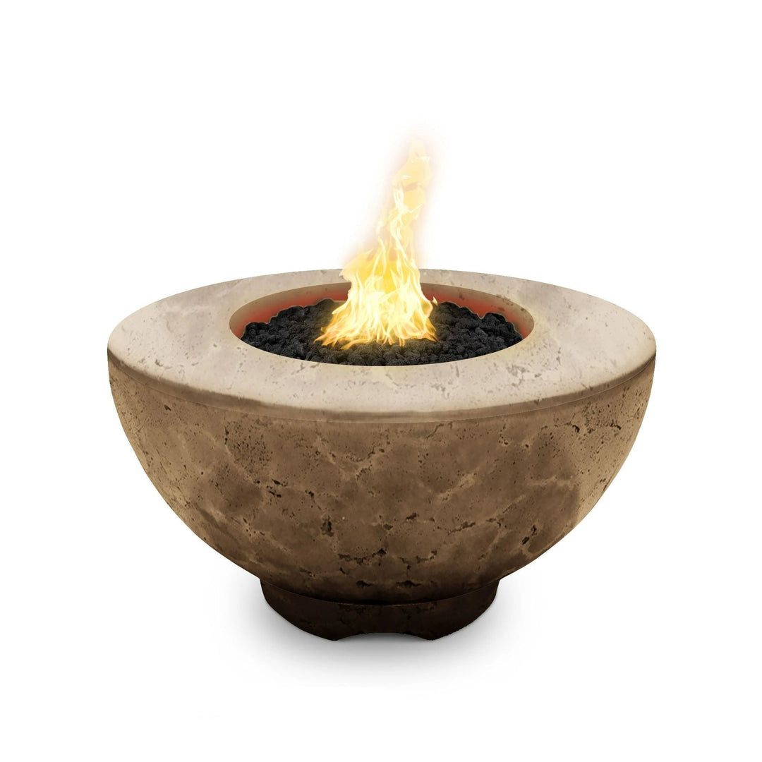 The Outdoor Plus 37" Sienna Concrete Gas Fire Pit in coffee finish, featuring a bold, contemporary design with a centered flame for optimal outdoor heating. The sturdy concrete build ensures durability, making it an excellent choice for modern outdoor patios, backyard fire tables, and luxury gas fire bowls for entertaining spaces.