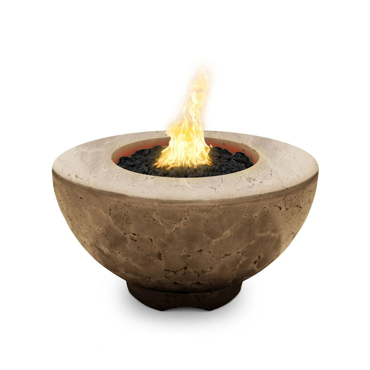 The Outdoor Plus 37" Sienna Concrete Gas Fire Pit in coffee finish, featuring a bold, contemporary design with a centered flame for optimal outdoor heating. The sturdy concrete build ensures durability, making it an excellent choice for modern outdoor patios, backyard fire tables, and luxury gas fire bowls for entertaining spaces.
