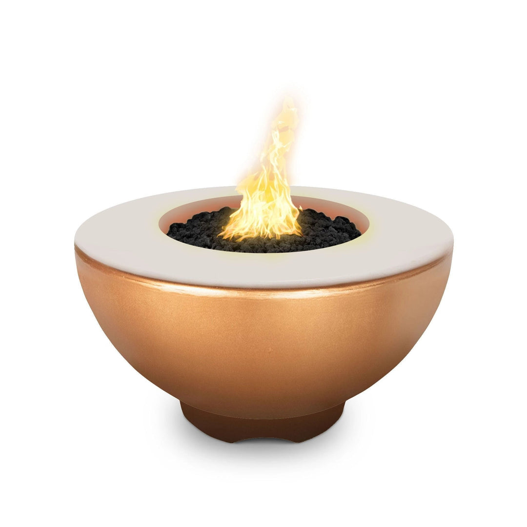 The Outdoor Plus 37" Sienna Concrete Gas Fire Pit in a stunning copper finish, bringing warmth and elegance to any outdoor setting. Its gas-powered flame is framed by a sleek, durable concrete structure, making it perfect for modern outdoor fire tables, luxury backyard fire pits, and large entertaining spaces.