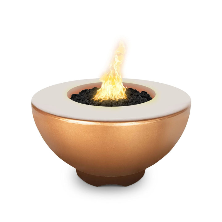 The Outdoor Plus 37" Sienna Concrete Gas Fire Pit in a stunning copper finish, bringing warmth and elegance to any outdoor setting. Its gas-powered flame is framed by a sleek, durable concrete structure, making it perfect for modern outdoor fire tables, luxury backyard fire pits, and large entertaining spaces.