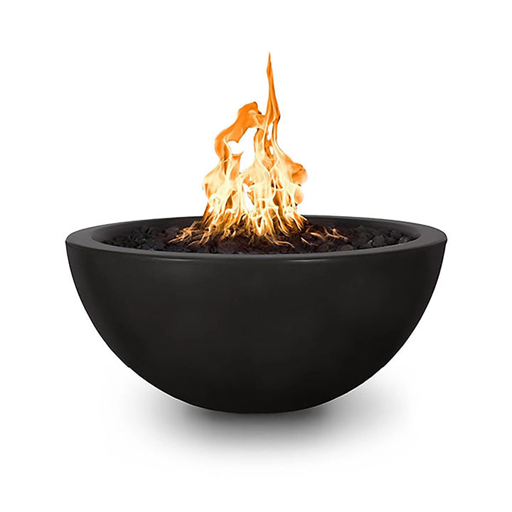 The Outdoor Plus 38-inch Luna Concrete Gas Fire Pit in black color, featuring a bold and minimalist design with a large flame rising from the center. The durable construction and modern look make it an excellent choice for contemporary outdoor spaces. Ideal for backyard gatherings, poolside installations, and luxurious outdoor living areas.
