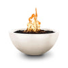 The Outdoor Plus 38-inch Luna Concrete Gas Fire Pit in a pearl finish features a smooth surface and sleek rounded design. Ideal for contemporary outdoor spaces, this fire pit is designed for natural gas or propane and offers both elegance and reliable outdoor heating