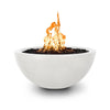 The Outdoor Plus 38-inch Luna Concrete Gas Fire Pit in white limestone features a refined, high-end look with a smooth, rounded bowl shape. Perfect for outdoor spaces seeking elegance and warmth, this fire pit operates with propane or natural gas for convenient use.