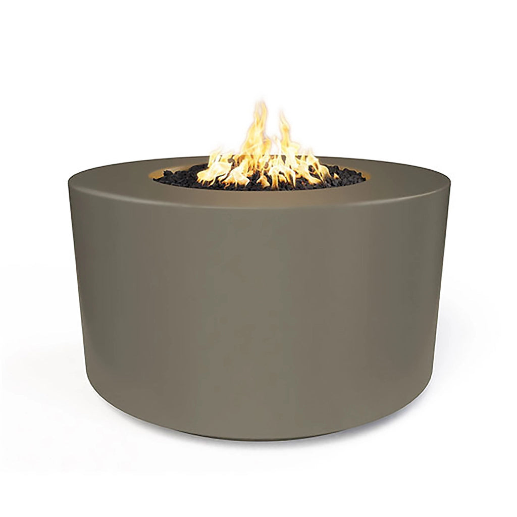 The Outdoor Plus 42" Chat Height Florence Concrete Gas Fire Pit in ash color. Featuring a smooth, minimalist cylindrical shape with an integrated burner and black lava rocks. This durable concrete fire pit is ideal for outdoor spaces, combining functionality with modern aesthetics