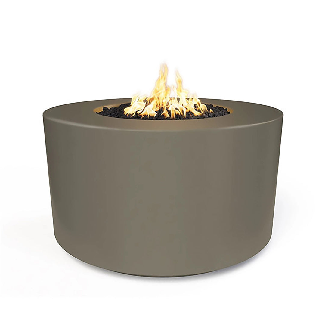 The Outdoor Plus 42" Chat Height Florence Concrete Gas Fire Pit in ash color. Featuring a smooth, minimalist cylindrical shape with an integrated burner and black lava rocks. This durable concrete fire pit is ideal for outdoor spaces, combining functionality with modern aesthetics
