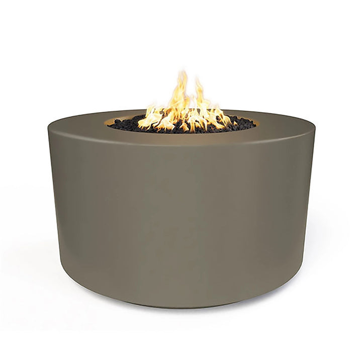 The Outdoor Plus 42" Chat Height Florence Concrete Gas Fire Pit in ash color. Featuring a smooth, minimalist cylindrical shape with an integrated burner and black lava rocks. This durable concrete fire pit is ideal for outdoor spaces, combining functionality with modern aesthetics