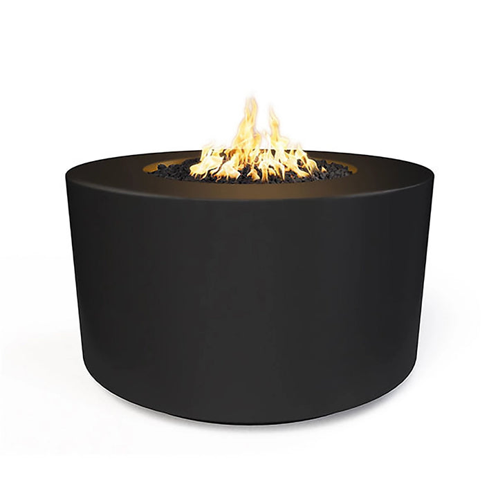 The Outdoor Plus 42" Chat Height Florence Concrete Gas Fire Pit in sleek black color. Its circular design with a bold matte finish offers a statement piece for any outdoor living area. Equipped with a gas burner, this fire pit provides warmth and ambience with a modern edge.