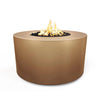 The Outdoor Plus 42" Chat Height Florence Concrete Gas Fire Pit in a striking bronze finish. This elegantly crafted cylindrical fire pit brings warmth and style to patios or gardens, featuring a durable concrete body and black lava rock filler for added texture.