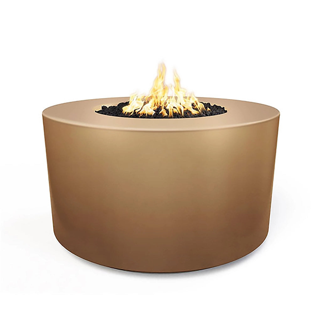 The Outdoor Plus 42" Chat Height Florence Concrete Gas Fire Pit in a striking bronze finish. This elegantly crafted cylindrical fire pit brings warmth and style to patios or gardens, featuring a durable concrete body and black lava rock filler for added texture.