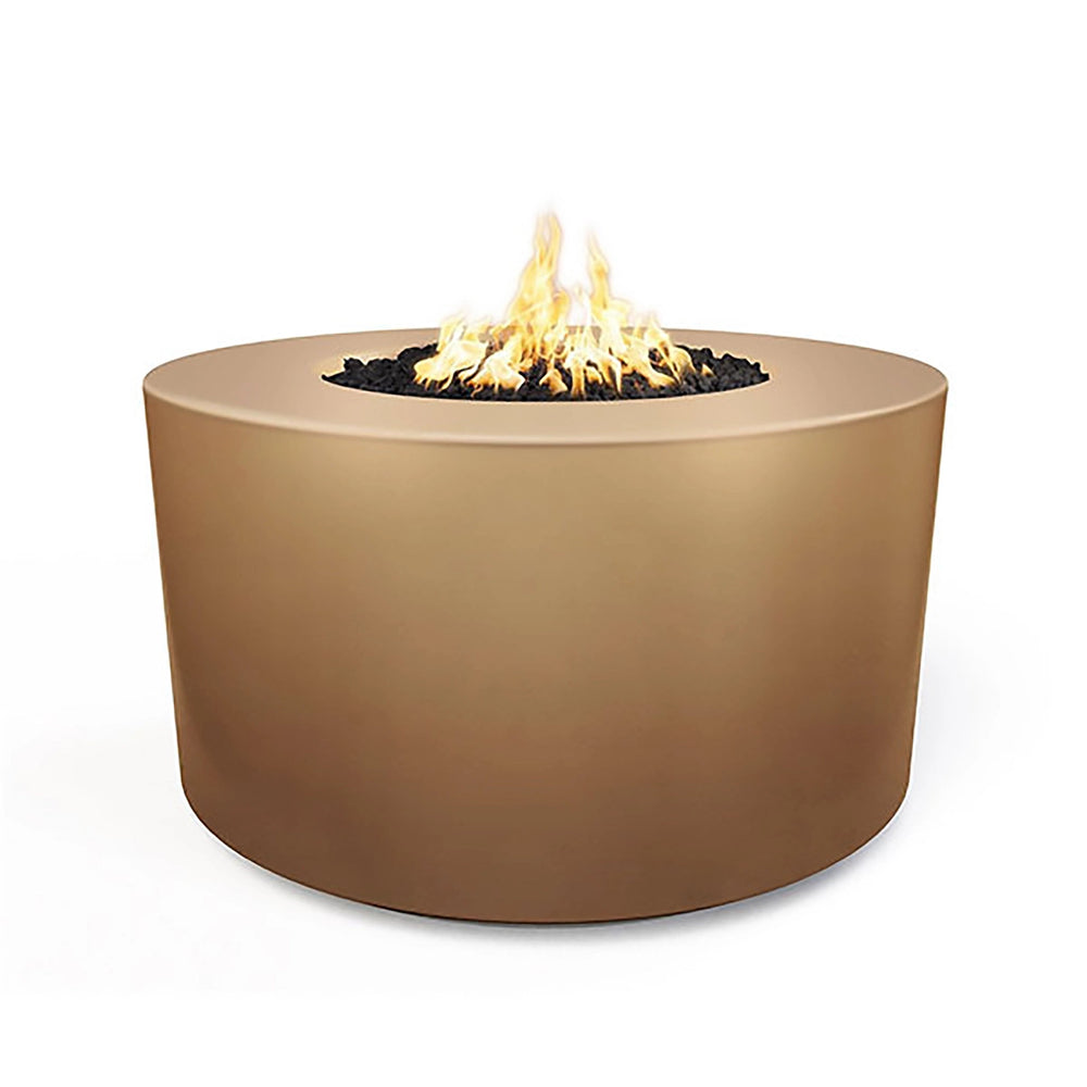 The Outdoor Plus 42" Chat Height Florence Concrete Gas Fire Pit in a striking bronze finish. This elegantly crafted cylindrical fire pit brings warmth and style to patios or gardens, featuring a durable concrete body and black lava rock filler for added texture.