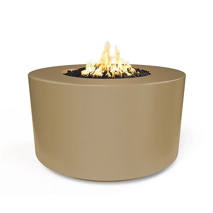 The Outdoor Plus 42" Chat Height Florence Concrete Gas Fire Pit in a classic brown finish. With its smooth, round shape and subtle texture, this fire pit adds a sophisticated and natural touch to any outdoor space. Ideal for evening gatherings, offering warmth and beauty. 