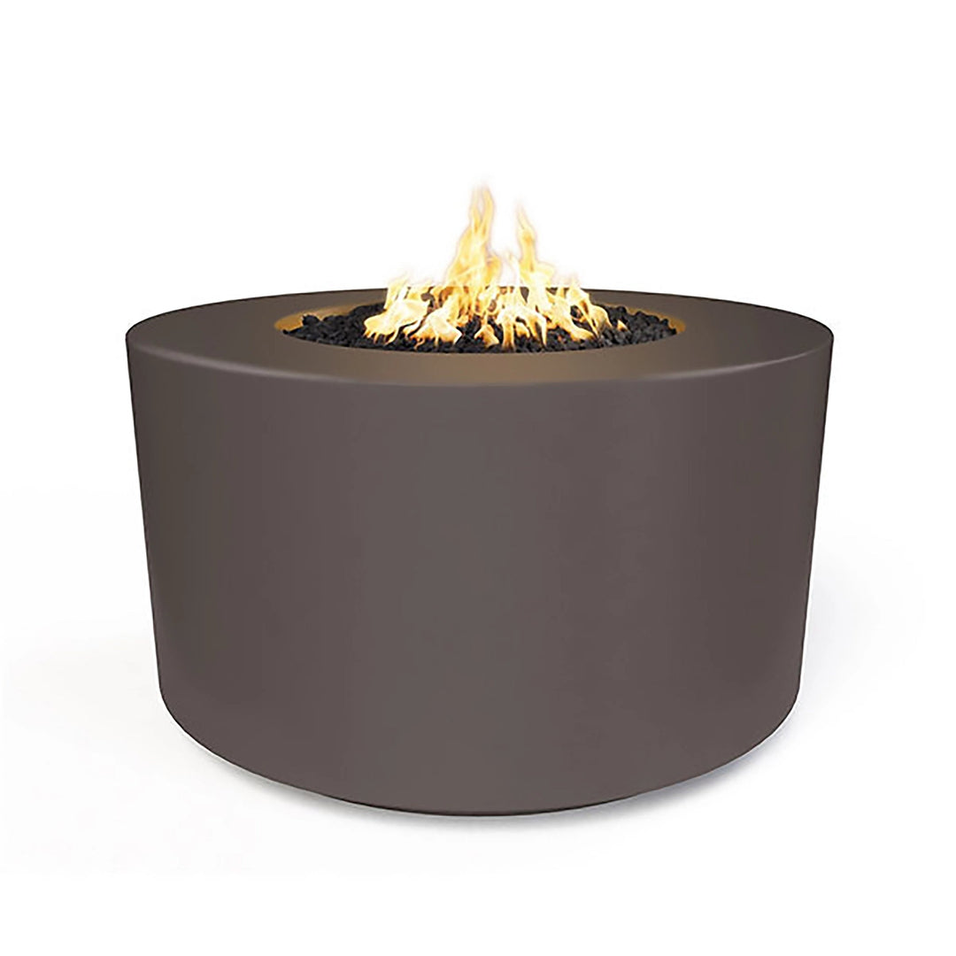 The Outdoor Plus 42" Chat Height Florence Concrete Gas Fire Pit in rich chestnut. This inviting fire pit blends effortlessly with outdoor furniture and greenery, providing a comforting glow and ambiance with its efficient gas burner. Ideal for contemporary patios.