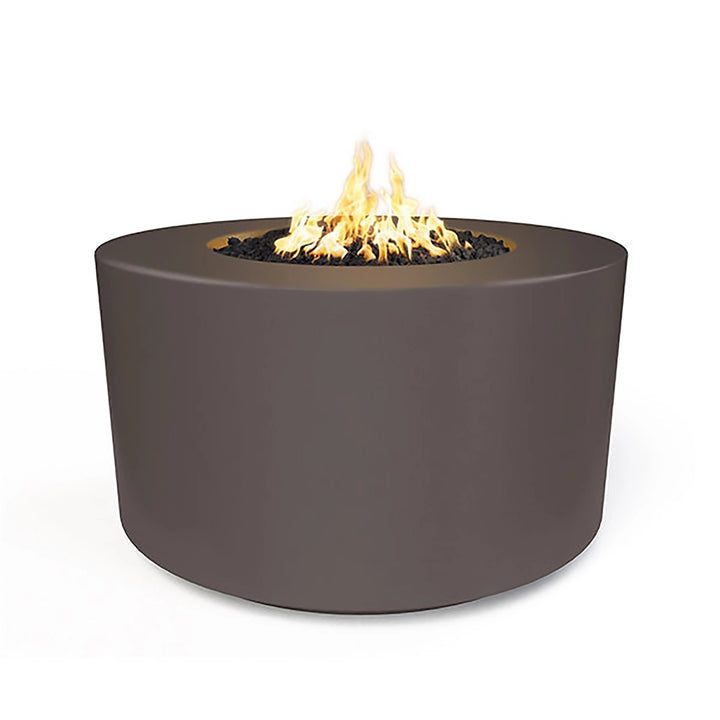 The Outdoor Plus 42" Chat Height Florence Concrete Gas Fire Pit in rich chestnut. This inviting fire pit blends effortlessly with outdoor furniture and greenery, providing a comforting glow and ambiance with its efficient gas burner. Ideal for contemporary patios.