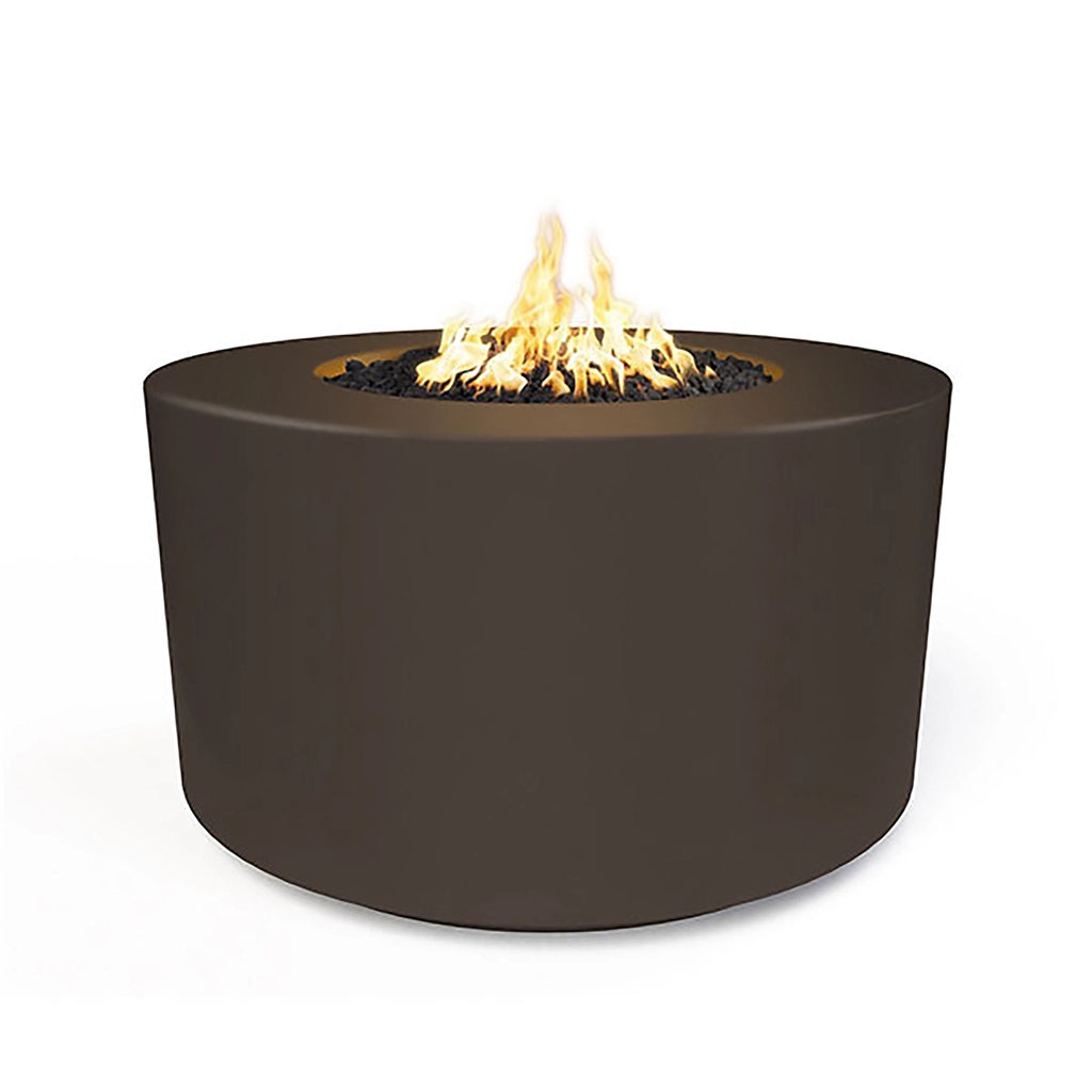 The Outdoor Plus 42" Chat Height Florence Concrete Gas Fire Pit in deep chocolate color. Combining functionality with refined aesthetics, this fire pit’s durable design and rich color add a sophisticated touch to any outdoor seating area. Great for both modern and traditional spaces.