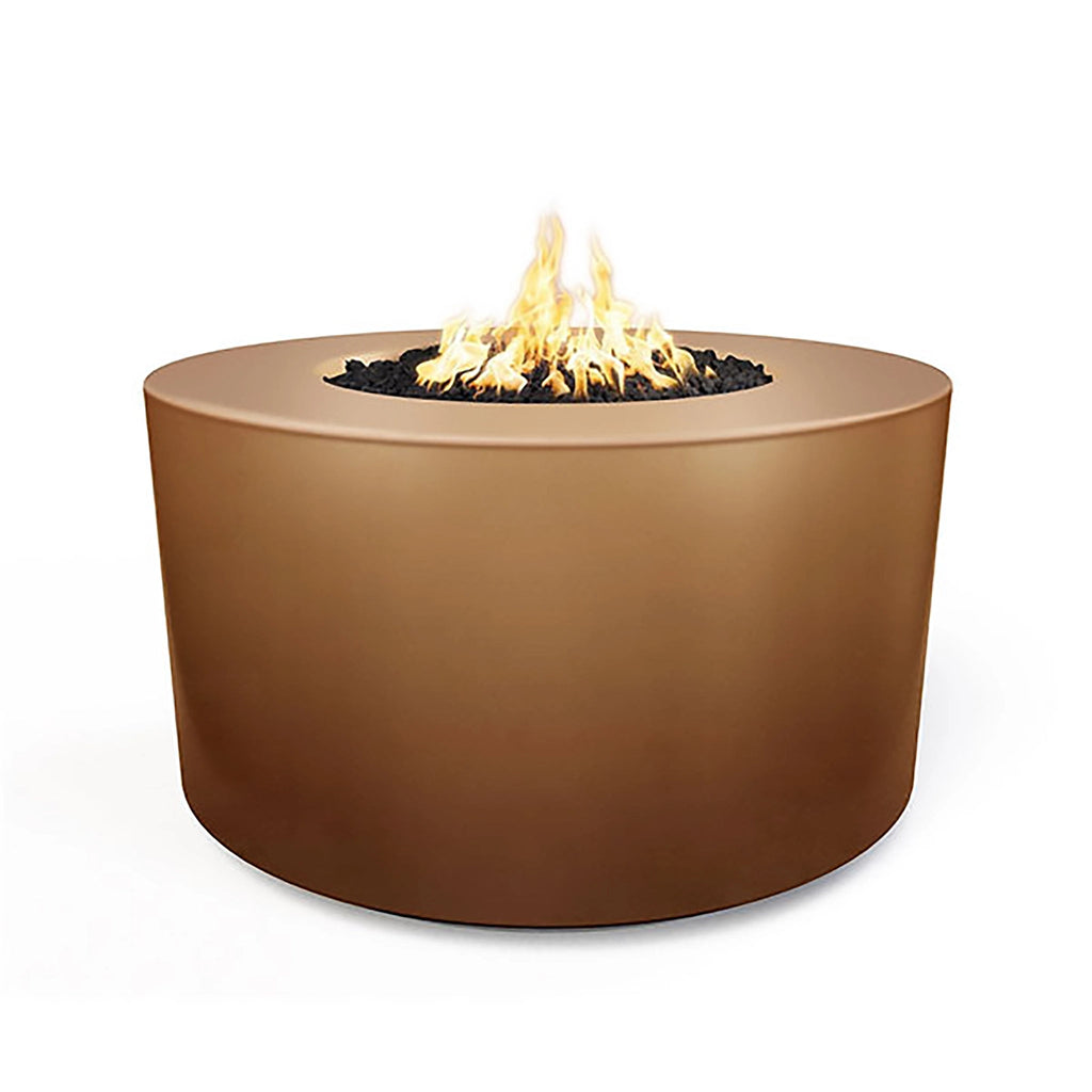 The Outdoor Plus 42" Chat Height Florence Concrete Gas Fire Pit in a luxurious copper finish. Featuring a bold, eye-catching design, this fire pit adds a touch of glamour to outdoor spaces while providing warmth and ambience with its gas-fueled burner.