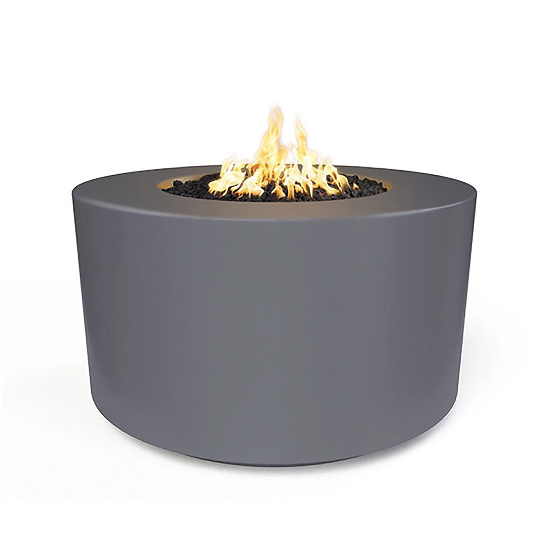  The Outdoor Plus 42" Chat Height Florence Concrete Gas Fire Pit in sleek gray. Its smooth, circular design offers a modern look, blending perfectly with a variety of outdoor decor styles. The gas burner provides warmth and comfort, making it a perfect addition to any outdoor space. 
