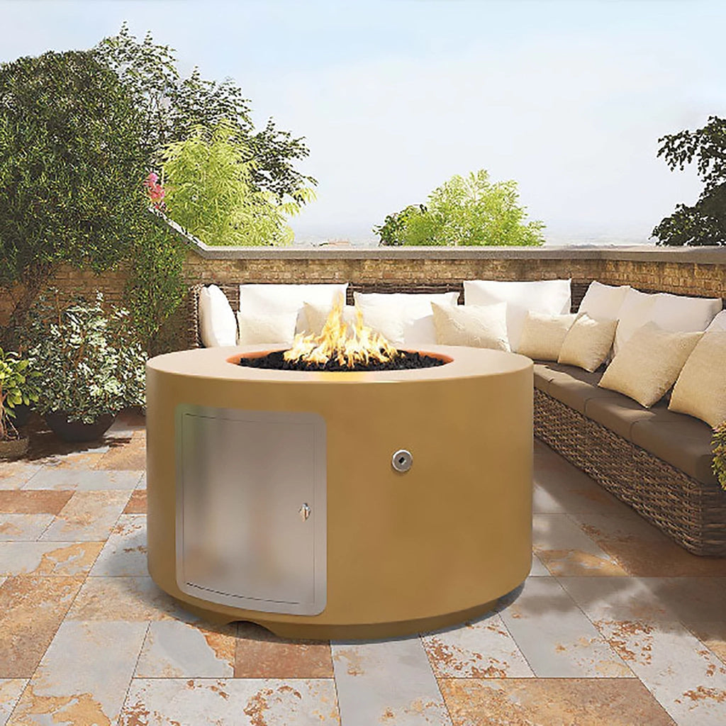 The Outdoor Plus 42-inch Chat Height Florence Concrete Gas Fire Pit displayed in an outdoor patio setting with cushioned seating. This gas fire pit, featured in a soft neutral color, adds warmth and ambiance to the outdoor space with its large circular shape and stainless-steel door for access to the internal propane tank. Ideal for backyard gatherings, this fire pit offers both style and functionality. Suitable for modern outdoor living spaces, it enhances the aesthetic while providing a convenient heat so